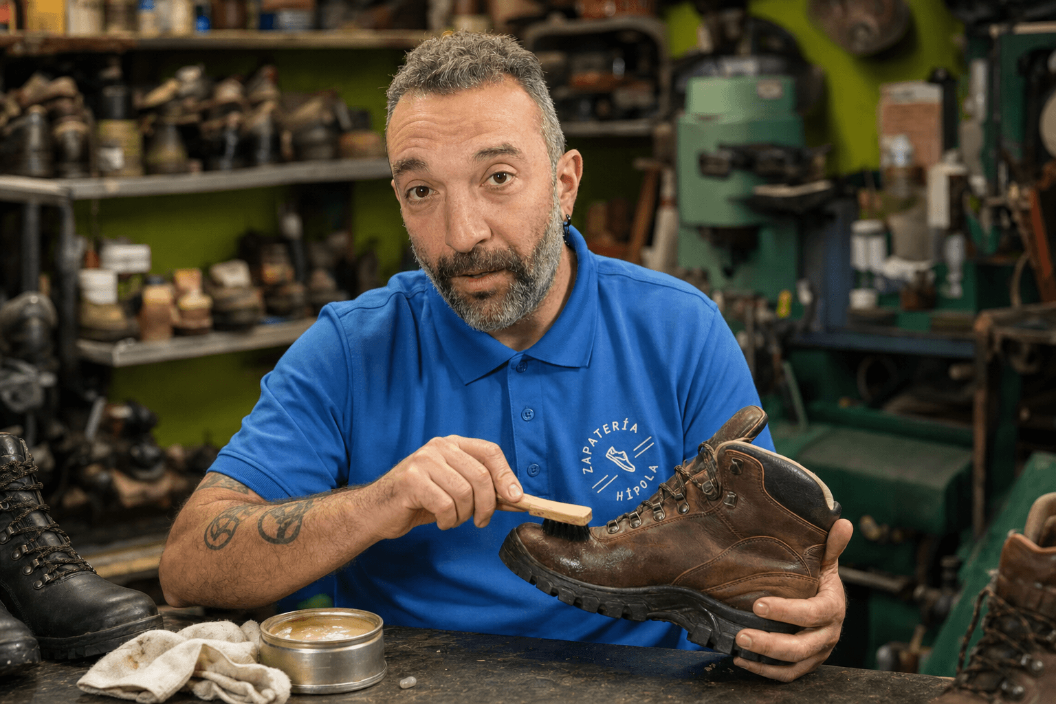 Cepillado y mantenimiento de botas de trekking de cuero en el taller