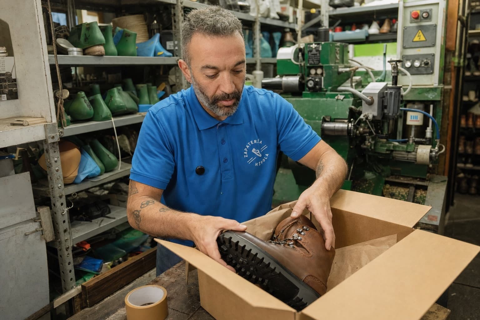 Kike empaqueta unas botas de montaña ya resoladas en una caja de cartón sobre el banco del taller