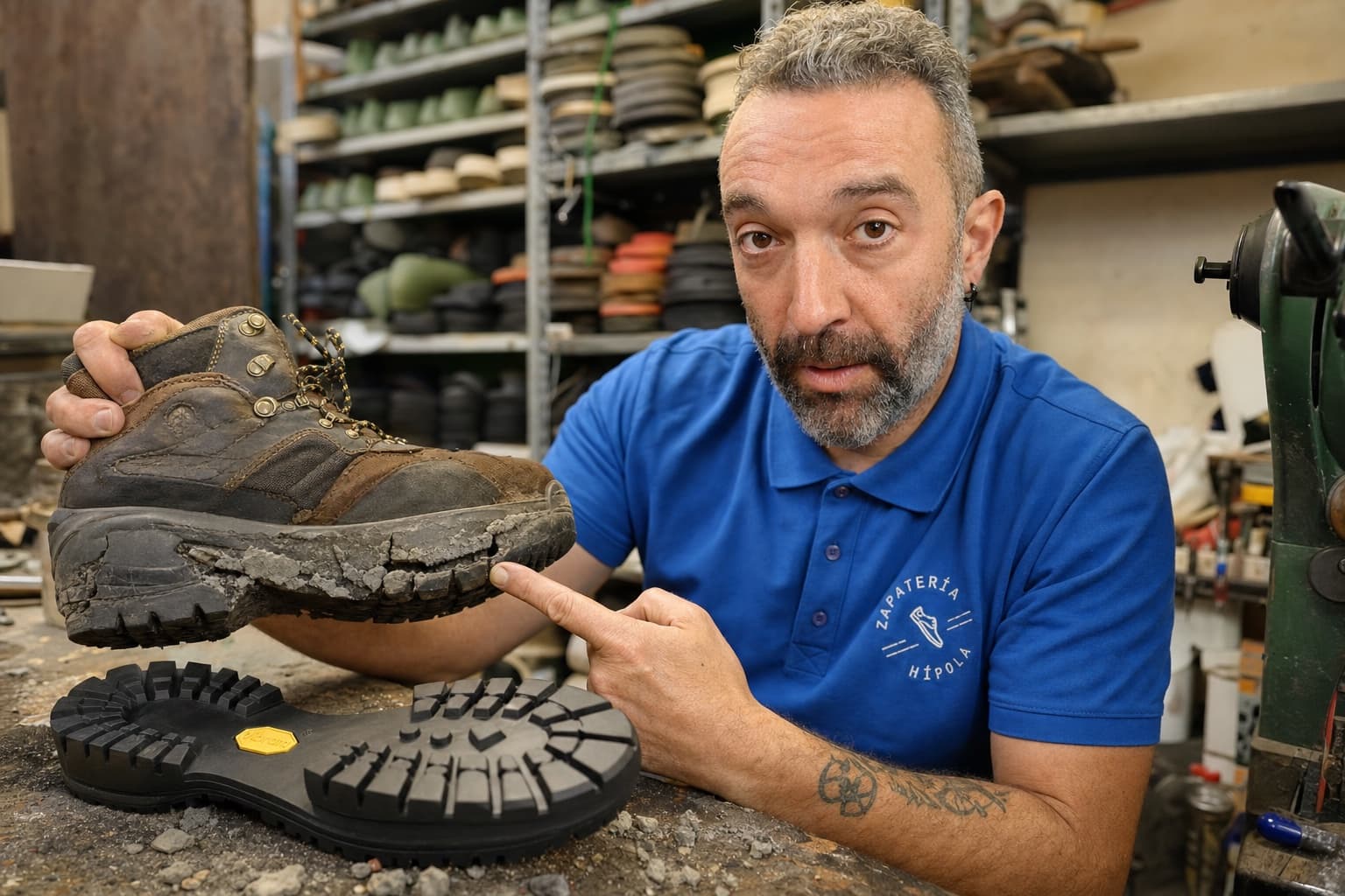 Kike señala la entresuela deshecha de una bota de montaña junto a una suela Vibram nueva en el taller de Usera