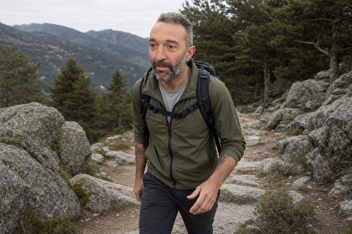 Kike, de Zapatería Hípola, haciendo senderismo en la Sierra de Guadarrama con ropa de montaña
