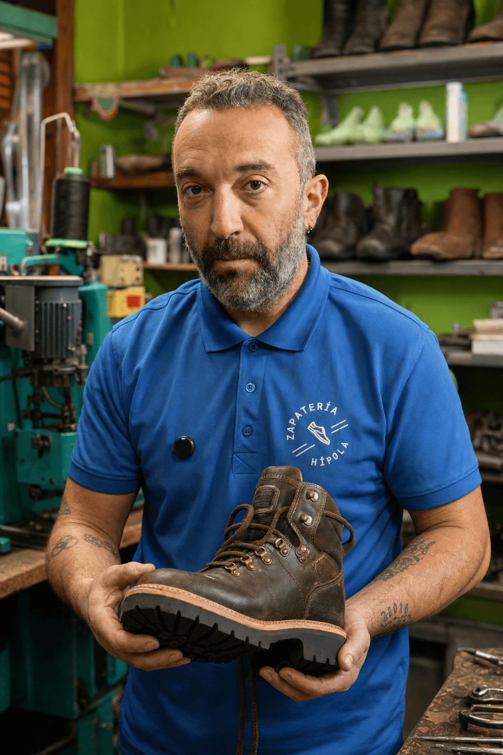 Enrique 'Kike' Hípola, maestro artesano de Zapatería Hípola, sujetando una bota de montaña resolada