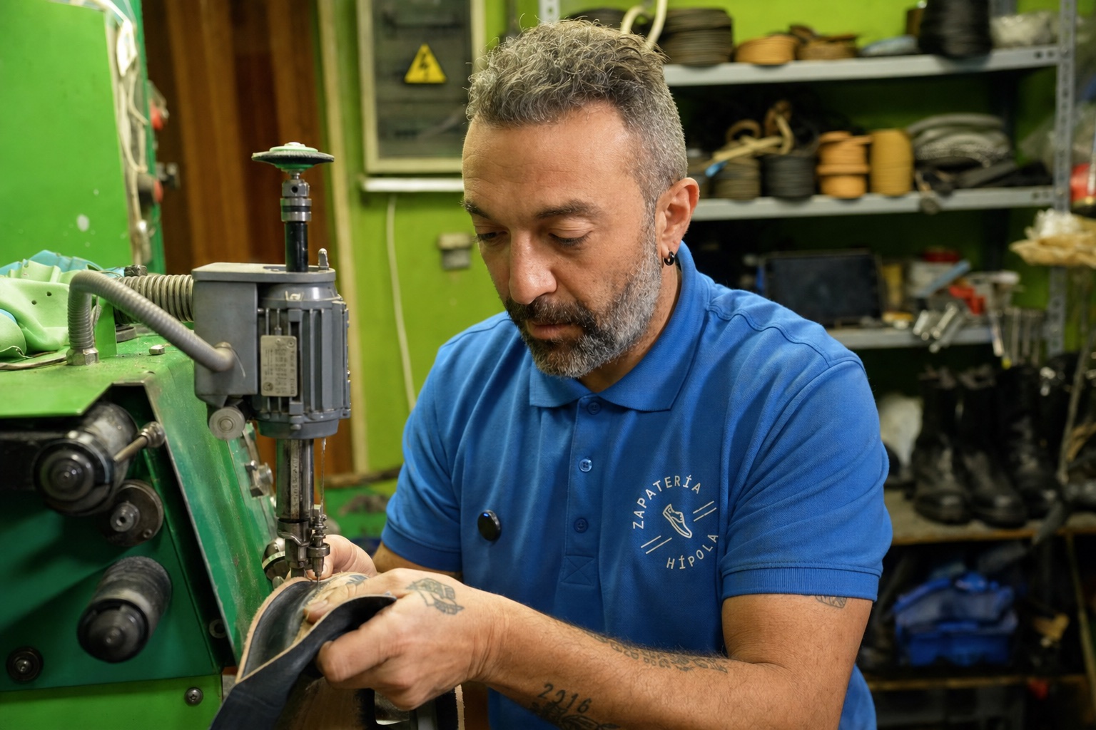 Kike machine-stitching the leather upper of a shoe in the Usera workshop