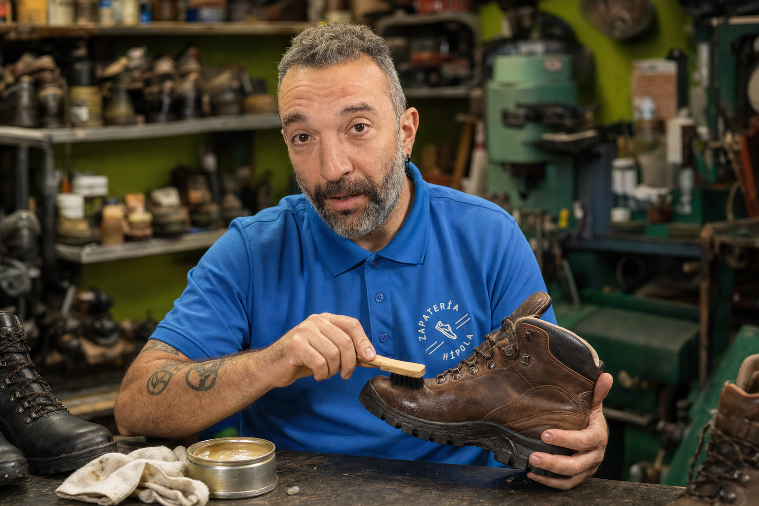 Cepillado y mantenimiento de botas de trekking de cuero en el taller