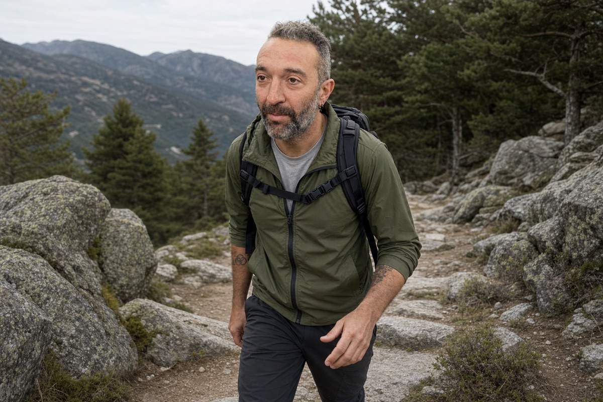 Kike, de Zapatería Hípola, haciendo senderismo en la Sierra de Guadarrama con ropa de montaña
