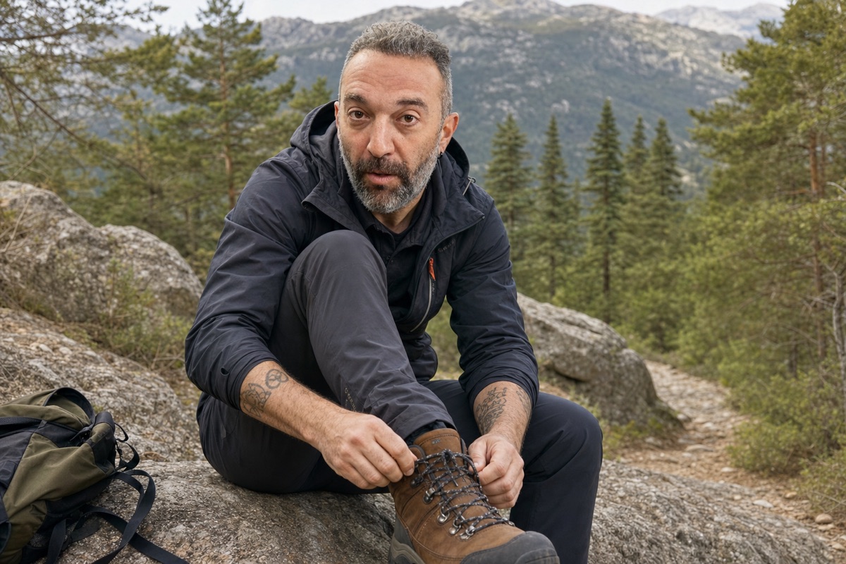 Kike atándose una bota de senderismo en el monte, sentado en una roca