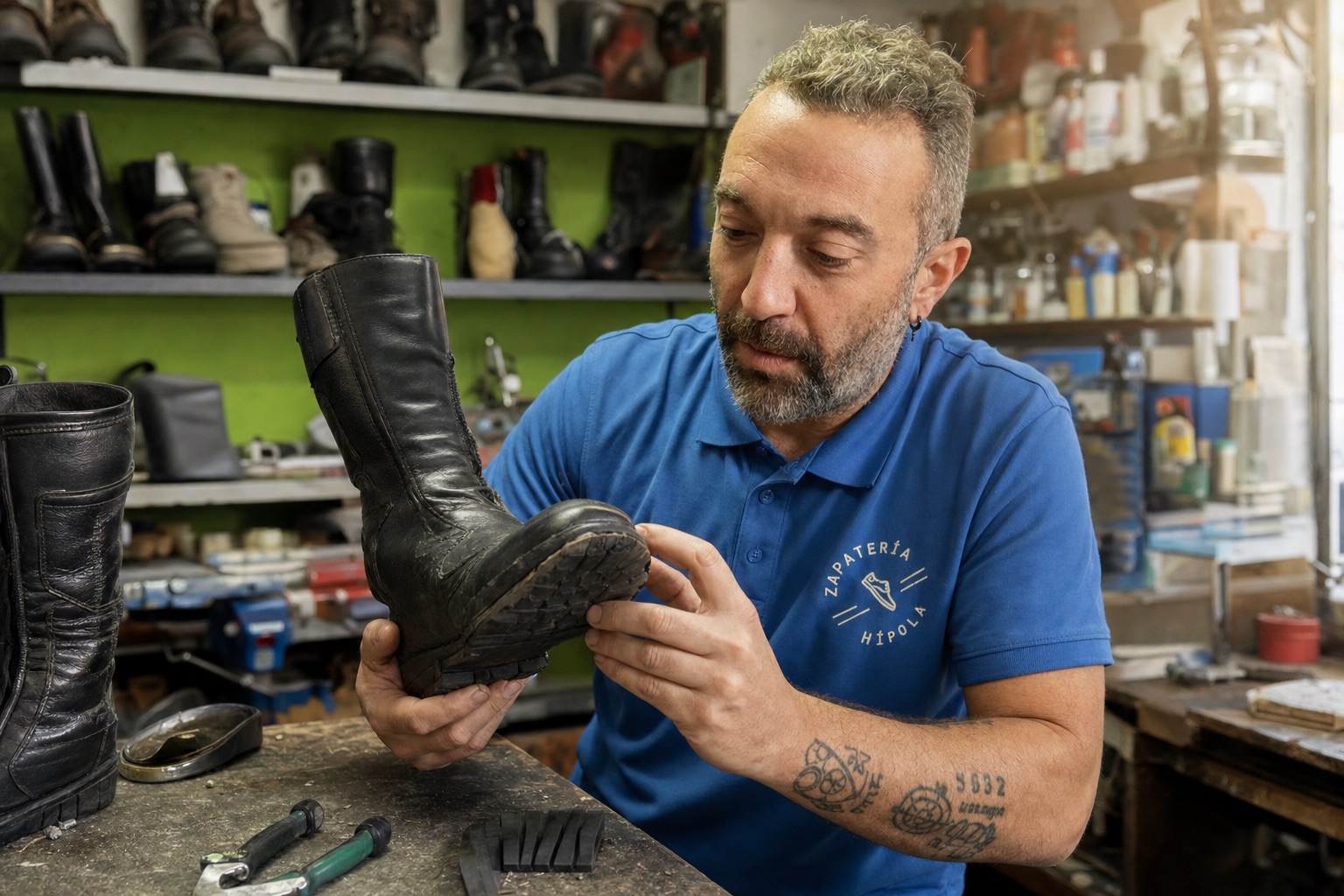 Kike checking the worn sole of a motorcycle boot in the Usera workshop