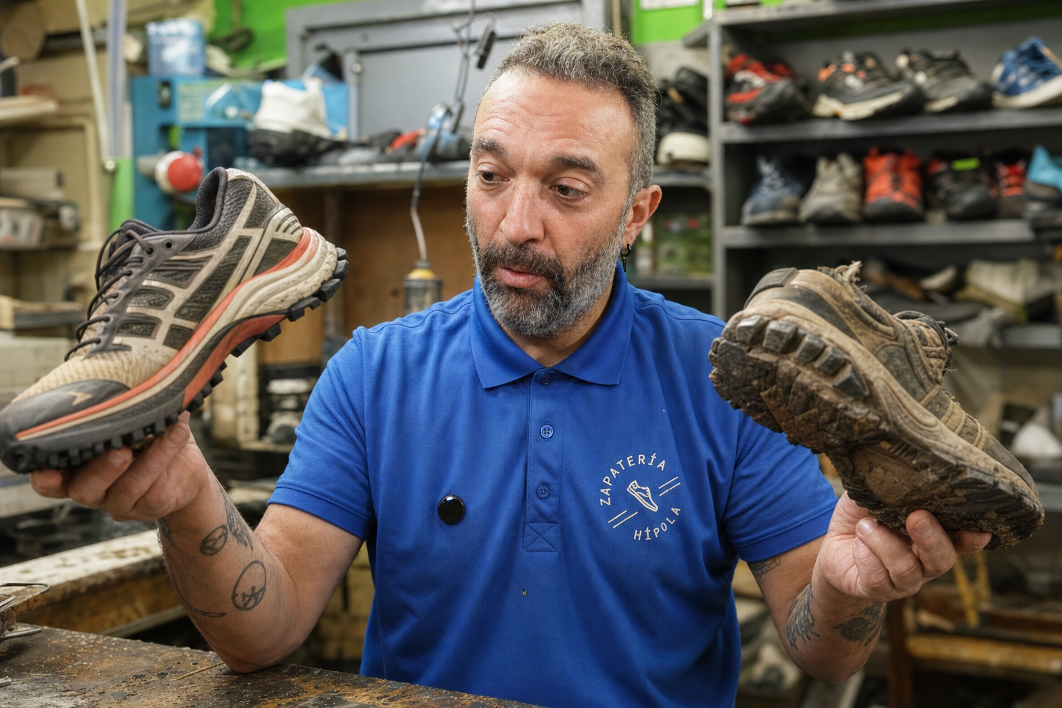Comparación entre zapatilla de trail desgastada y nueva sobre el banco de trabajo con cálculos manuscritos