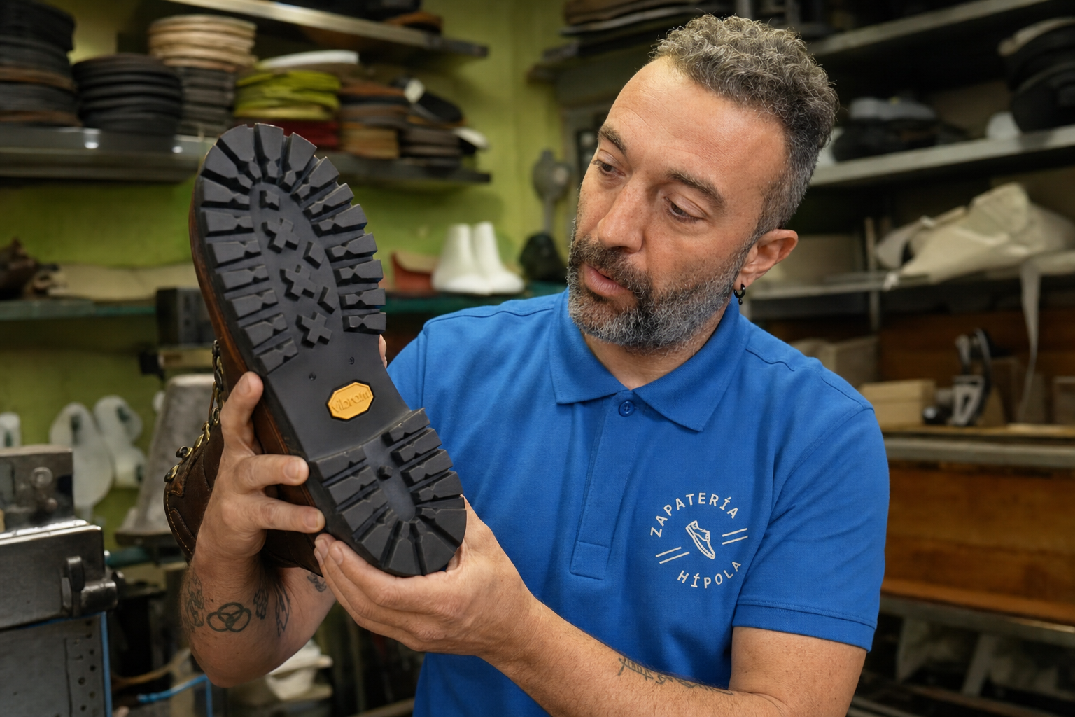 Maestro zapatero examinando una bota de montaña con muestras de compuestos Vibram en el taller