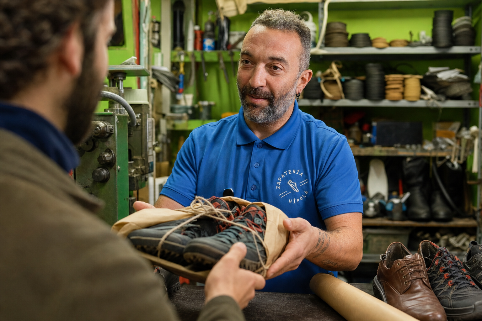 Kike Hípola serving and handing a repaired shoe to a customer at the Madrid workshop