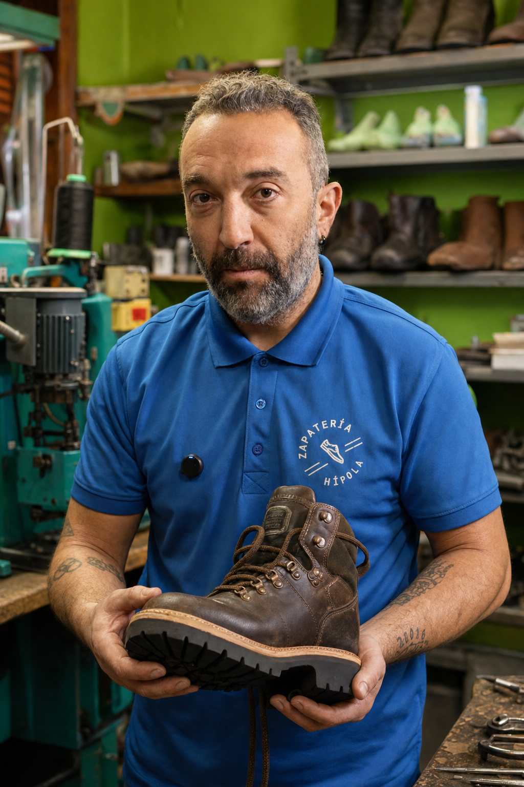 Enrique 'Kike' Hípola, master craftsman at Zapatería Hípola, holding a resoled mountain boot